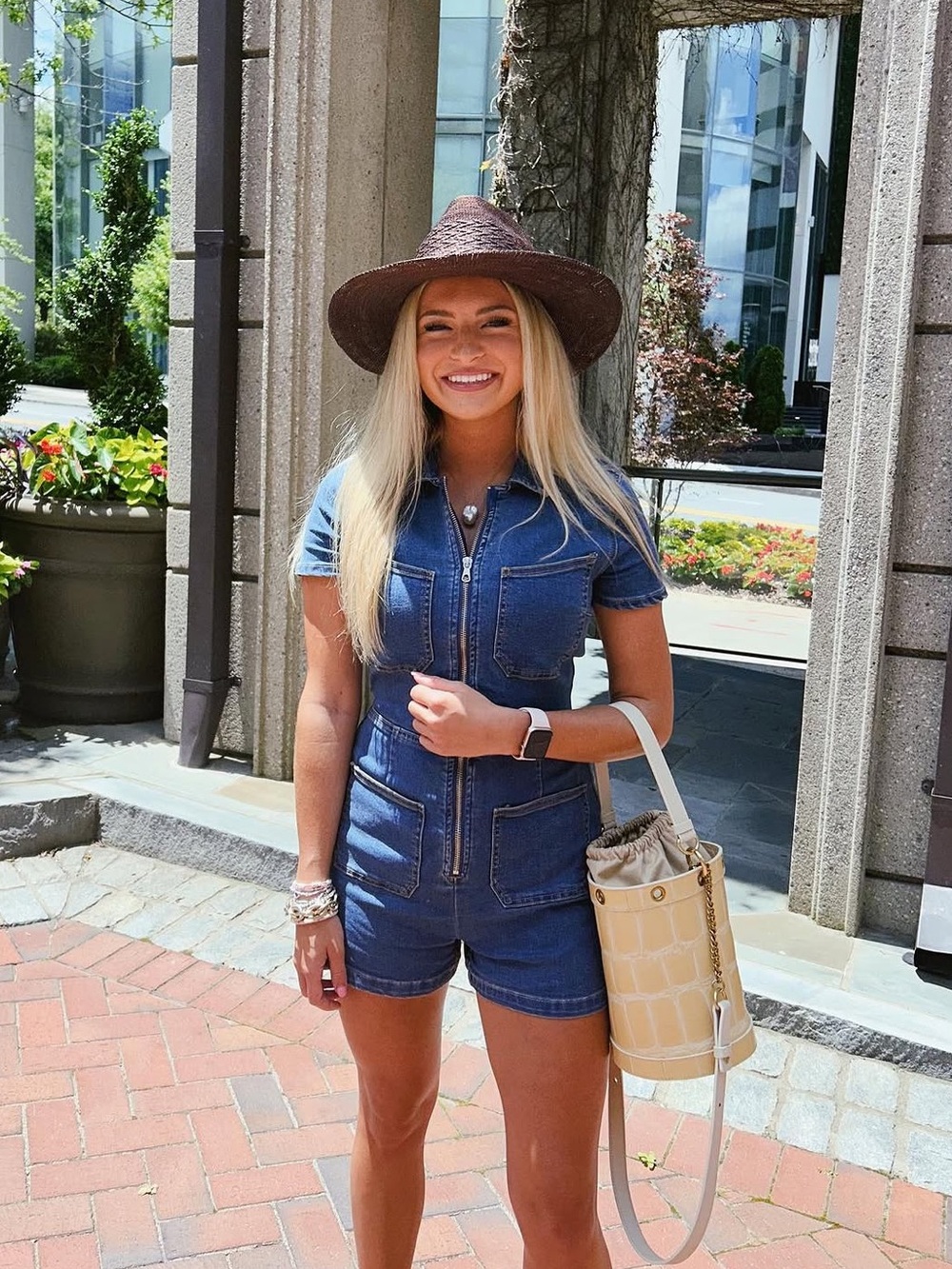 Free People Denim Short One-Piece Romper in Blue